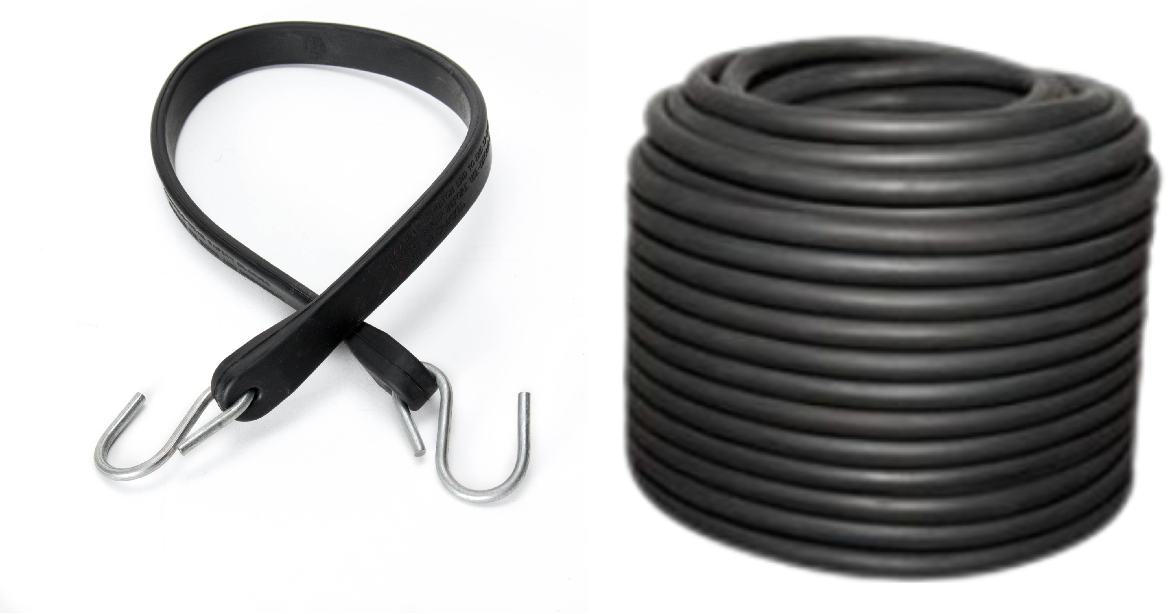 Black rubber rope hook strap with two metal S-hooks and coiled bungee cord