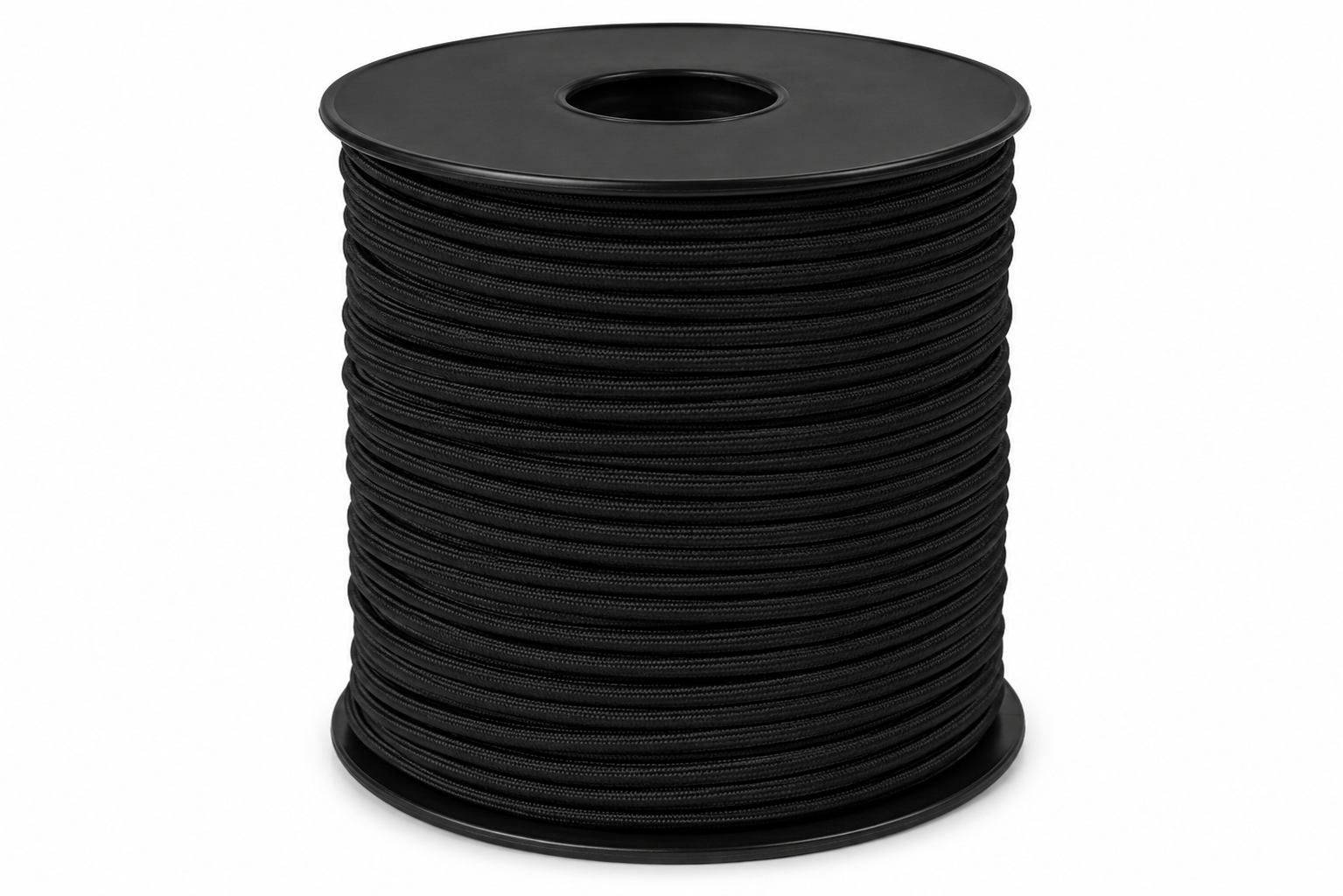 Black bungee cord spool with neatly wound coiled elastic