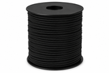 Black bungee cord spool with neatly wound coiled elastic