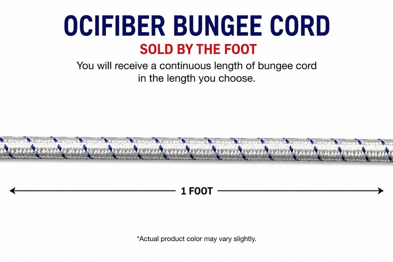 Braided elastic bungee cord, white with blue stripes, 1-foot length marking
