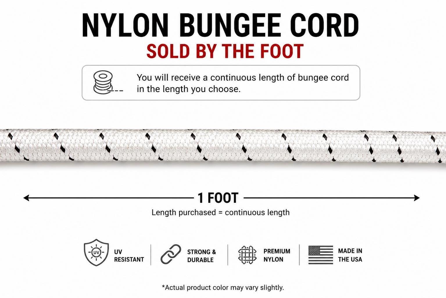 Nylon bungee cord info card showing 1 FOOT length and UV-resistant nylon