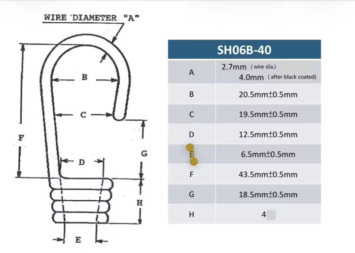 9mm (3/8-inch) bungee hook wire and coil dimensions diagram