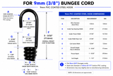 9mm (3/8-inch) black PVC-coated bungee hook A and B dimension chart