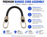 Black bungee cord assembly with gold hooks and coil spring clamps