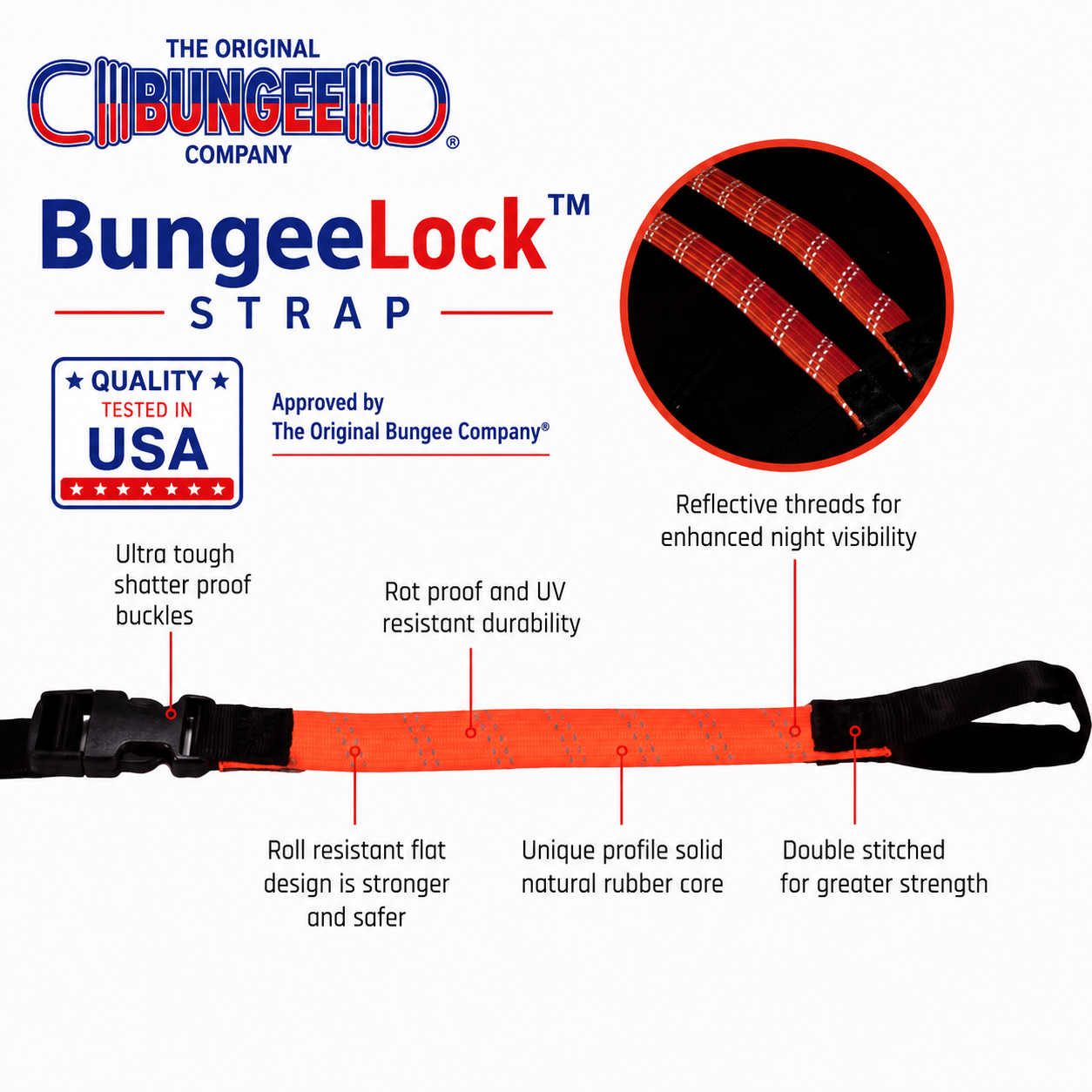 Orange reflective bungee strap with black ends and plastic buckle