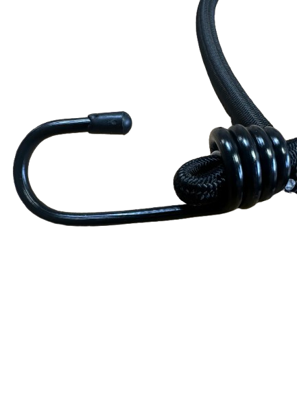 Close-up of black plastic-coated steel hook with protective end cap
