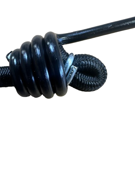 Close-up of crimped black bungee cord end and steel hook attachment