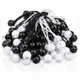 Bundle of black and white elastic ball bungee tie-down cords with molded ball ends
