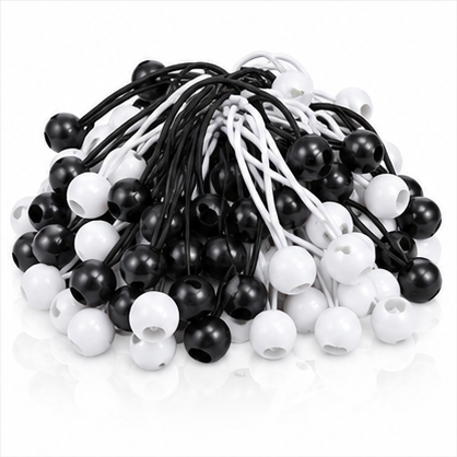 Bundle of black and white elastic ball bungee tie-down cords with molded ball ends
