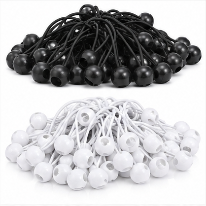 Black and white ball bungee tie-down cord sets with molded ball tips, laid out