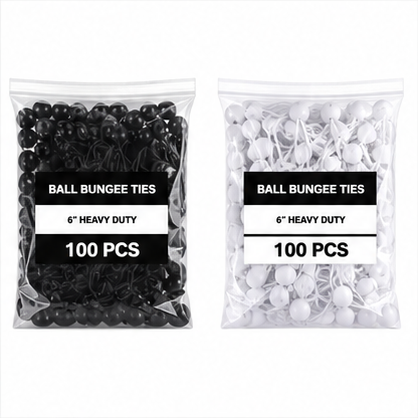 Pack of 6-inch ball bungee tie-downs, 100 pieces in black and white plastic bags