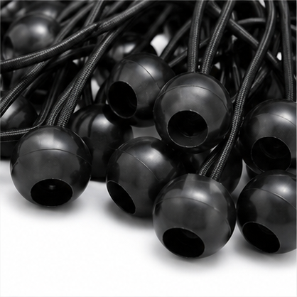 Close-up of black elastic ball bungee tie-downs with molded ball ends