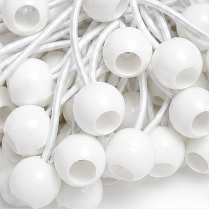 Close-up of white elastic ball bungee tie-downs with molded ball ends on cords
