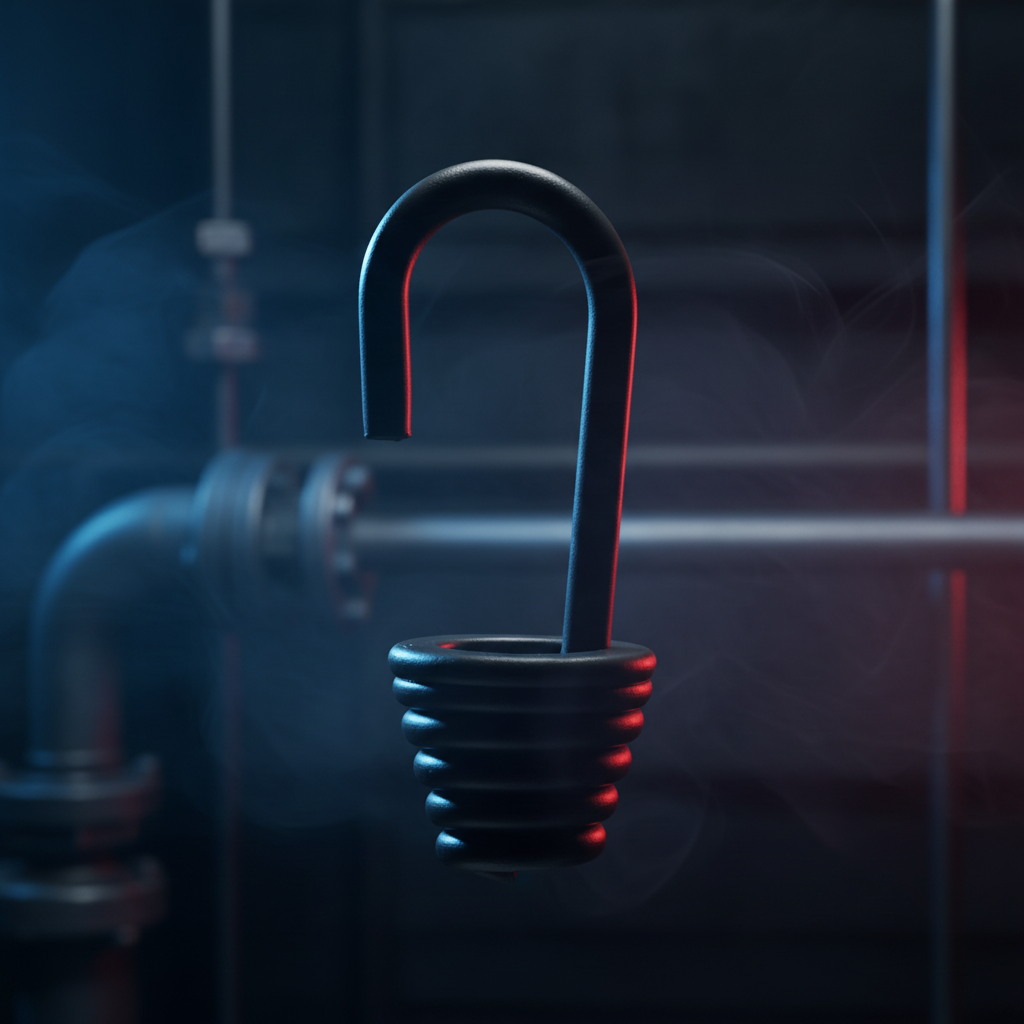 Black PVC-coated bungee hook securing red cord around a metal pipe