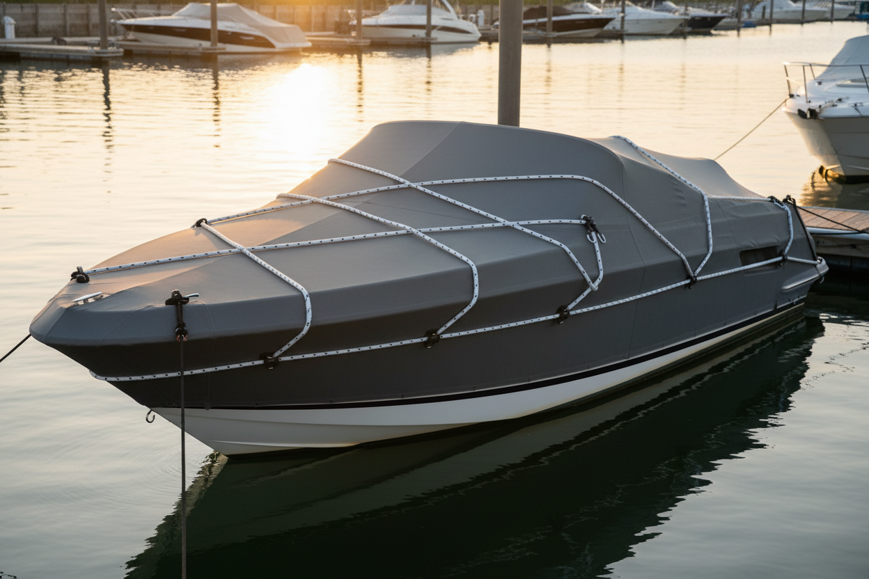 Black-and-white bungee cord straps securing a small boat on calm water
