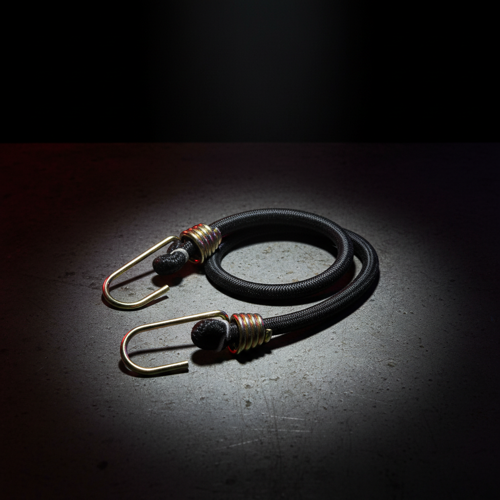 Black bungee cord assembly with gold metal hooks and coil spring ends