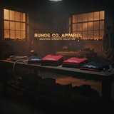 Stack of crewneck T-shirts in red and black with Bungee logo display