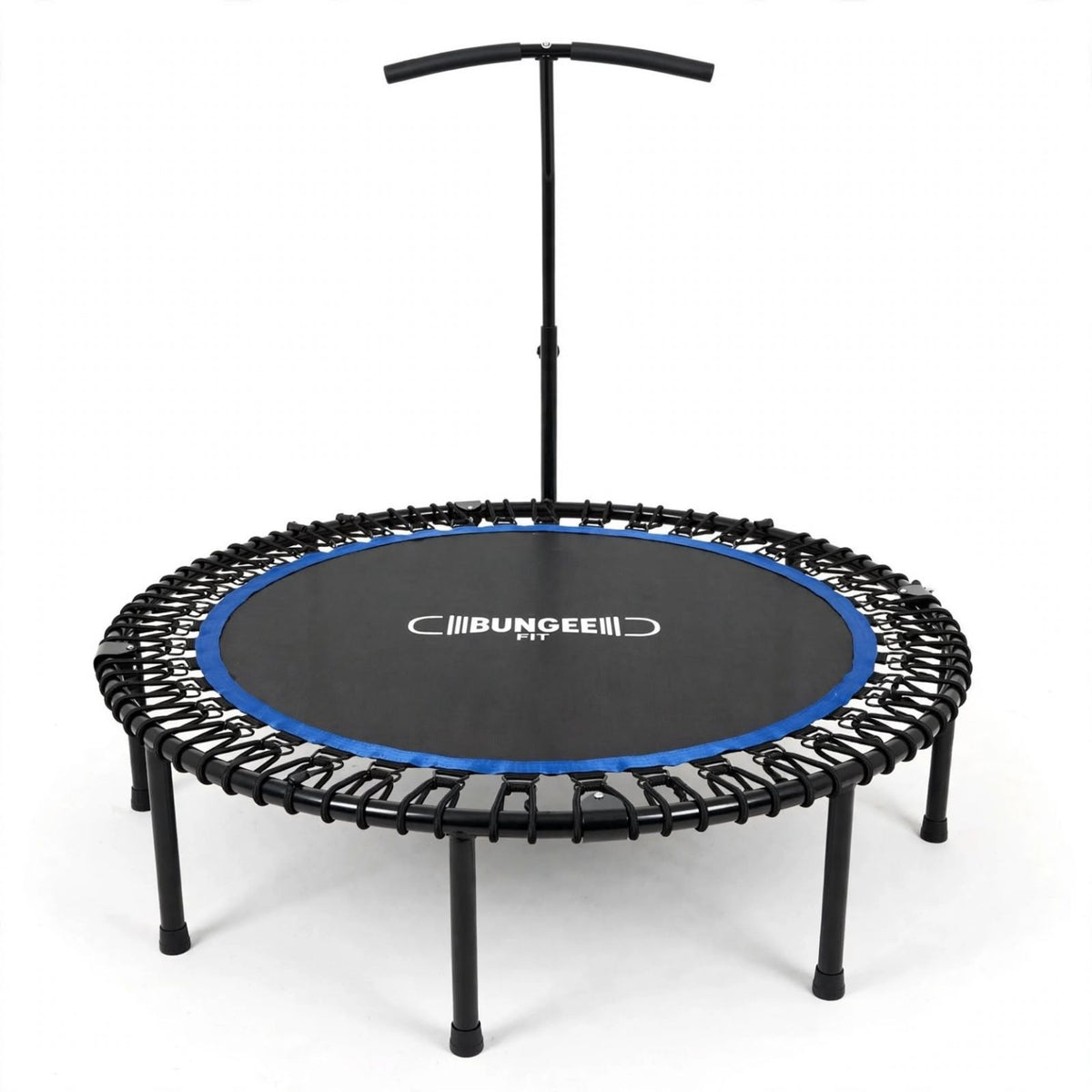 Bungee Fit round fitness trampoline with blue trim, bungee suspension and padded handlebar on a white background.