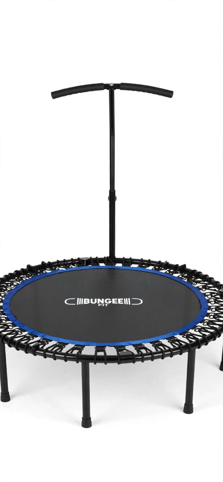 Bungee Fit round trampoline with single-post padded handlebar on a white background.