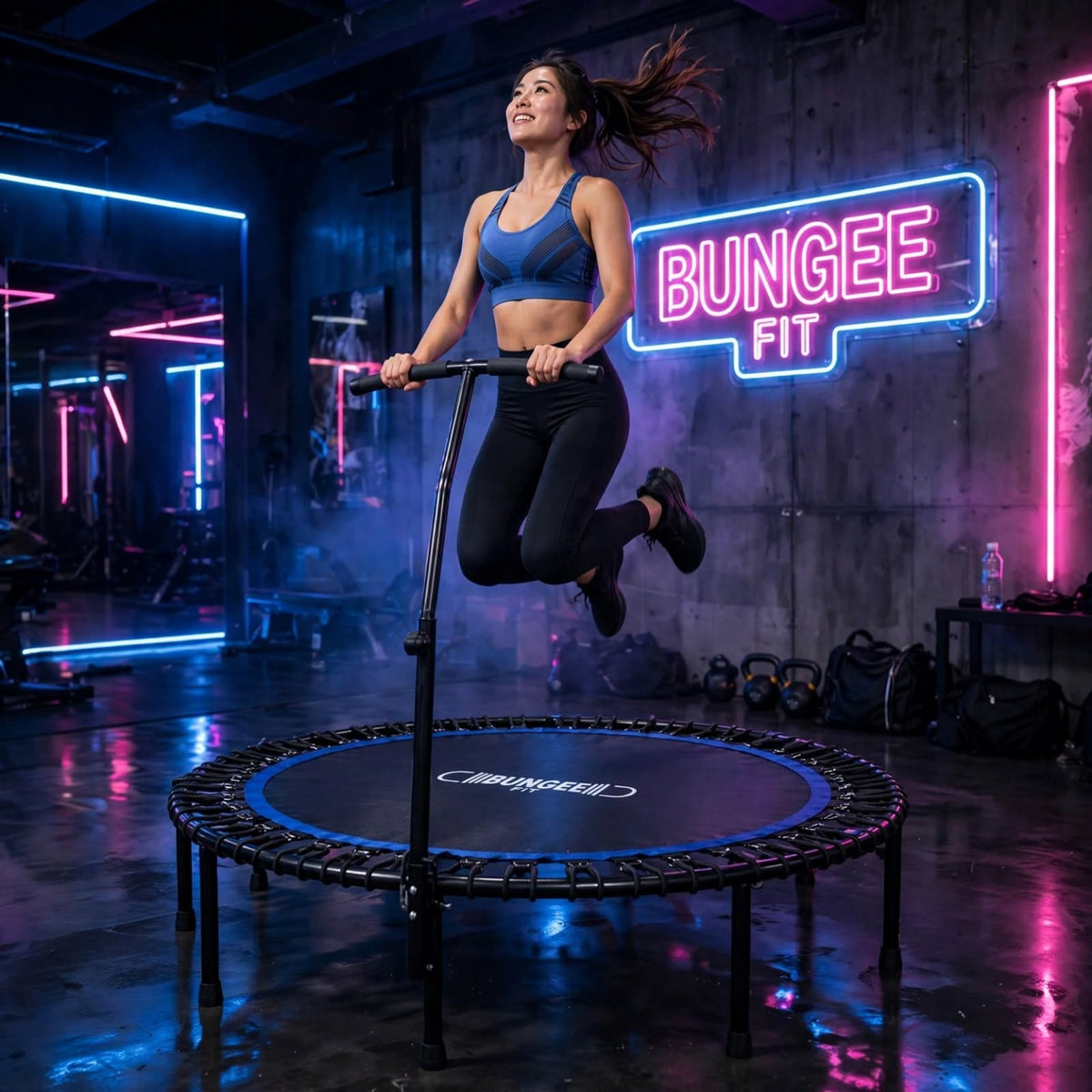 Woman using a Bungee Fit fitness trampoline in a neon-lit studio.