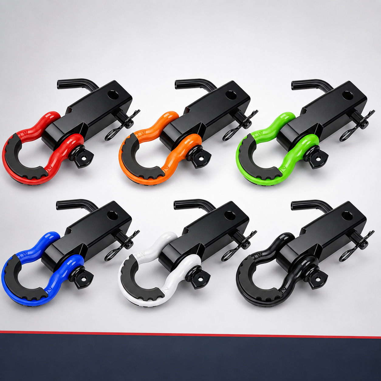 Six shackle hitch receiver color options with black receiver bodies