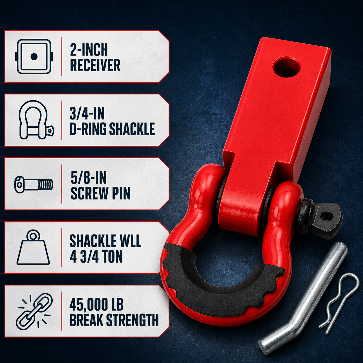 2-inch shackle hitch receiver specifications and 45000 pound break strength