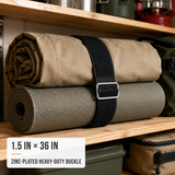 1.5 inch by 36 inch black cinch strap with zinc-plated heavy-duty buckle organizing camping gear