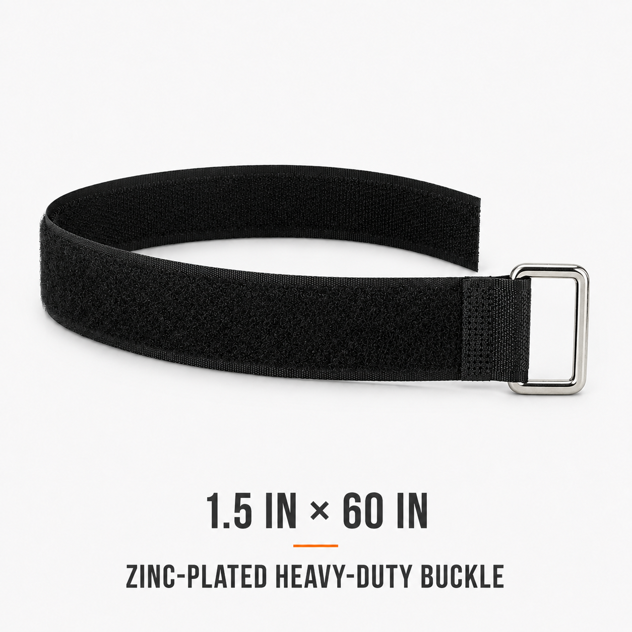 1.5 inch by 60 inch black hook-and-loop cinch strap with zinc-plated heavy-duty buckle