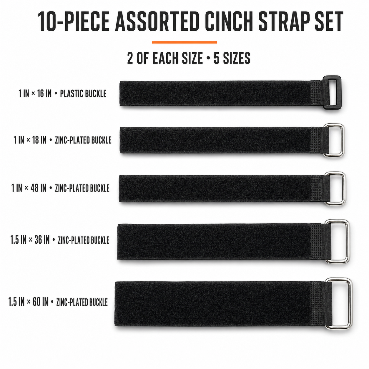 10-piece assorted black hook-and-loop cinch strap set showing five sizes and buckle types