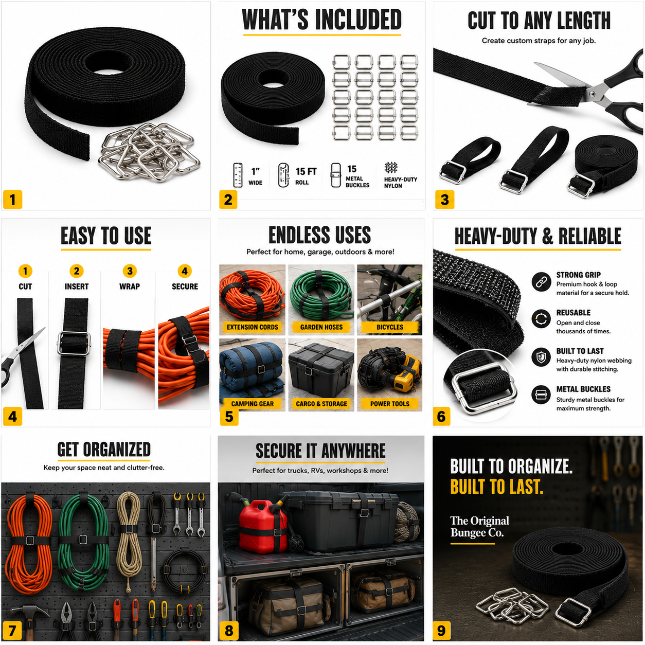Hook-and-Loop Cinch Strap Kit – 15 ft Roll & 15 Buckles