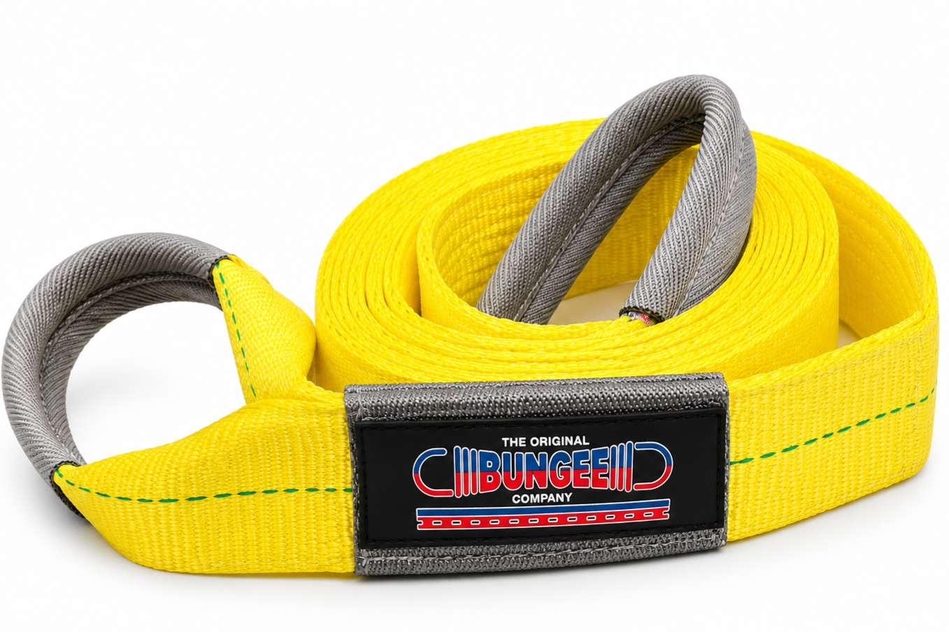 Yellow tow strap with gray loop ends and black branded label