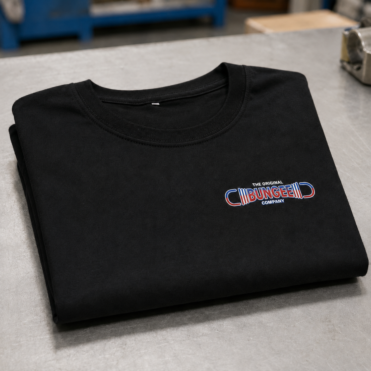 Black crewneck T-shirt with embroidered Bungee logo on chest
