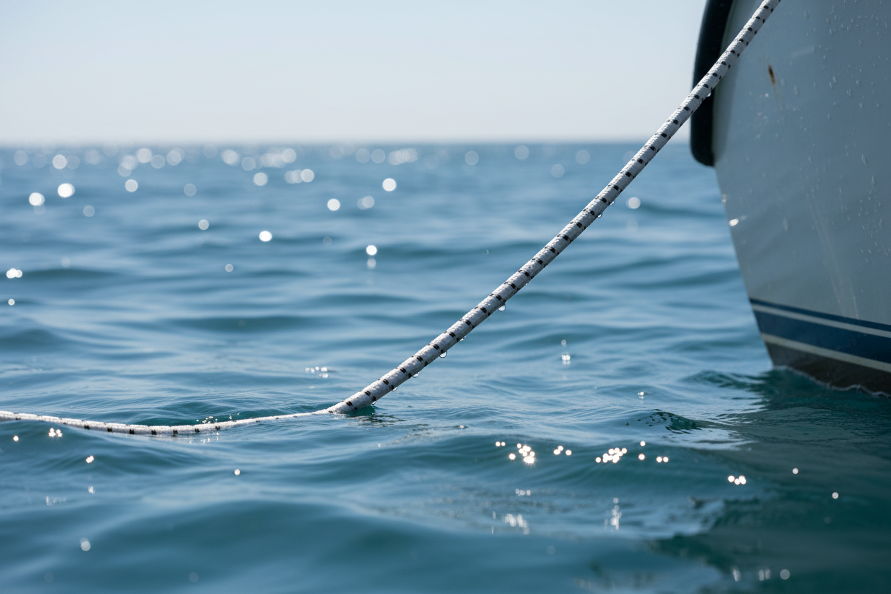 White bungee cord line with black specks stretched across water beside a boat