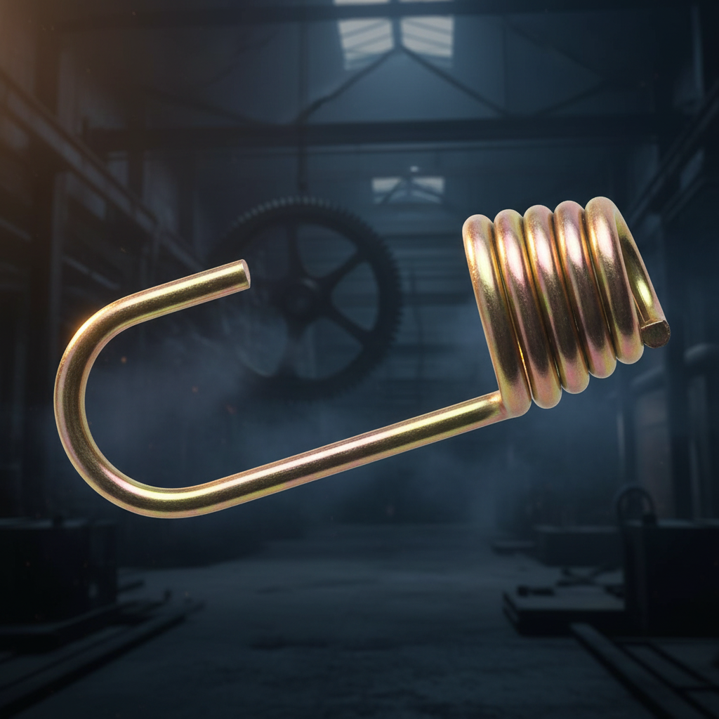 Gold dichromate steel bungee cord hook close-up with coiled cord grip