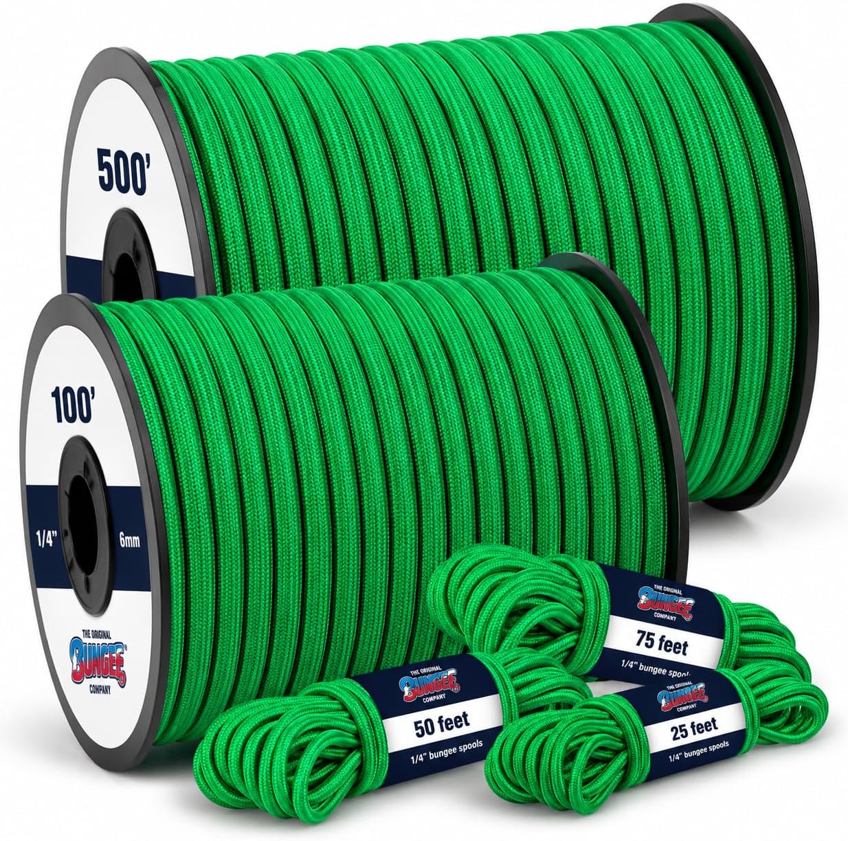 Green 6mm (1/4 inch) polypropylene bungee cord in cut lengths and 500 ft spool