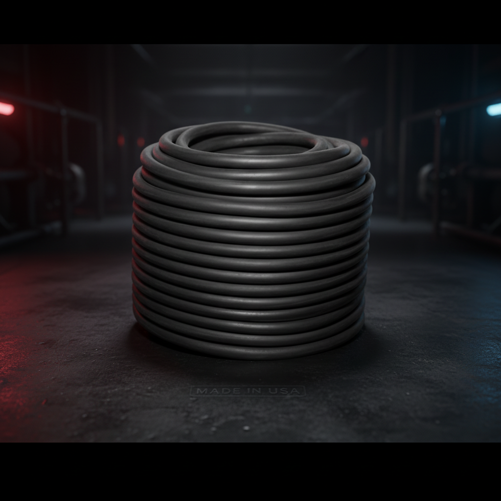 Dark rubber elastic cord spool, tightly coiled on a round reel