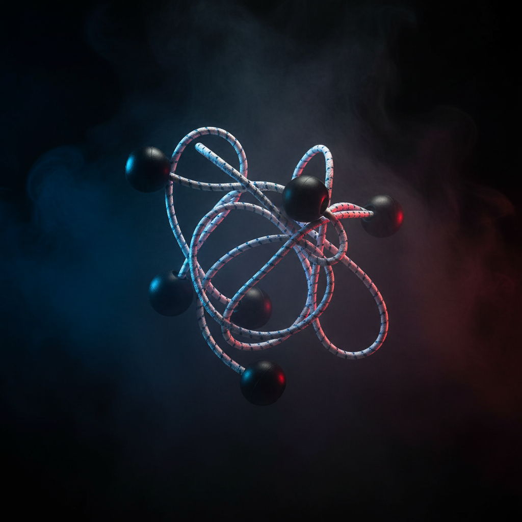 Ball bungee assembly set with blue-and-white cords and red end balls
