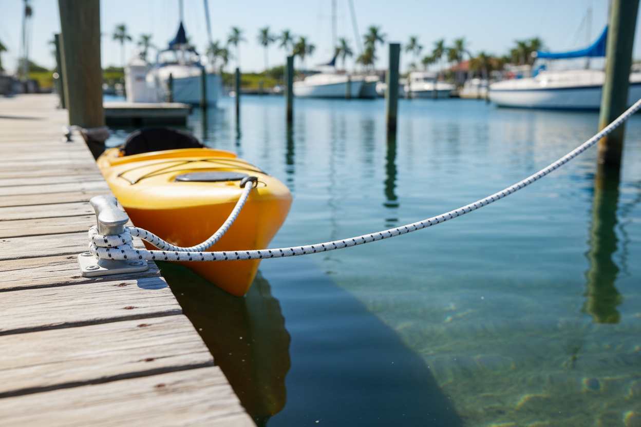 White bungee cord tie-down stretched from dock, with black dot accents on the line