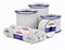Multiple white bungee cord spools and coiled cord with blue branded labels