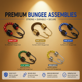 Heavy-duty finished bungee cord assemblies with hooks in multiple materials and sizes