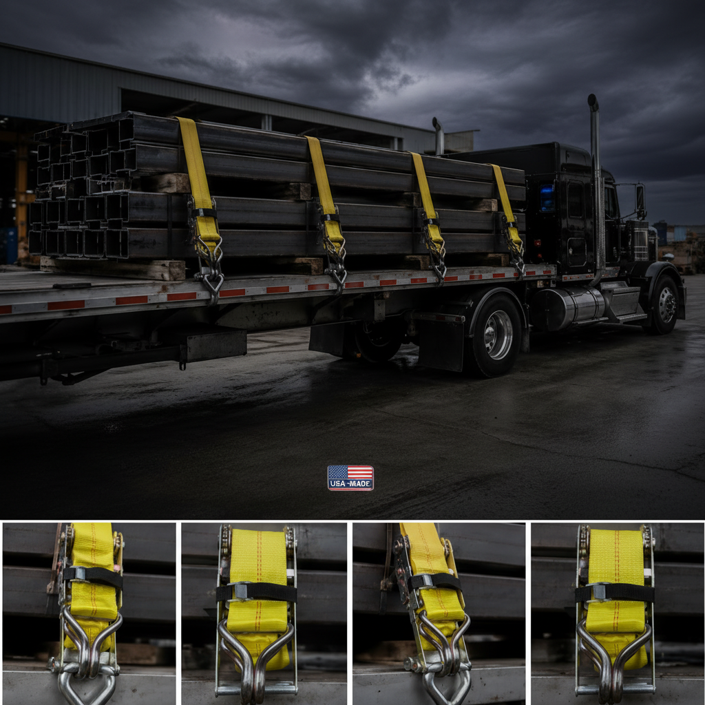 Yellow ratchet tie-down strap with metal ratchet and large end hooks.