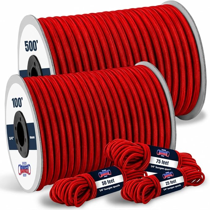 Red 6mm (1/4 inch) polypropylene bungee cord in cut lengths and 500 ft spool