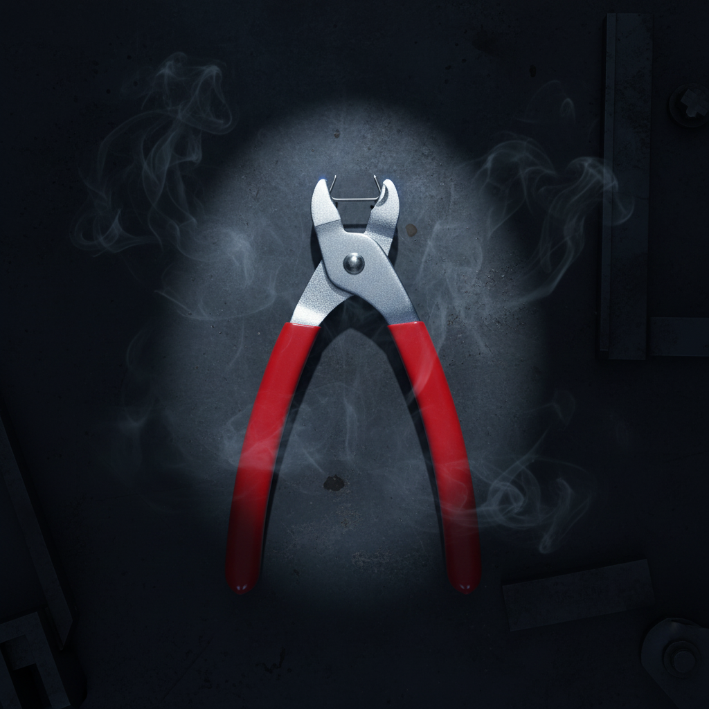 Crimping pliers with red insulated handles and steel head, centered front view