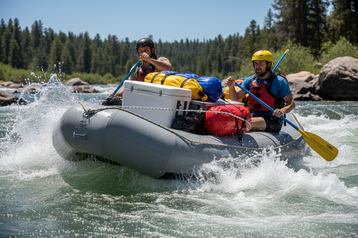 Inflatable raft with bungee cords securing gear; white lines with black specks