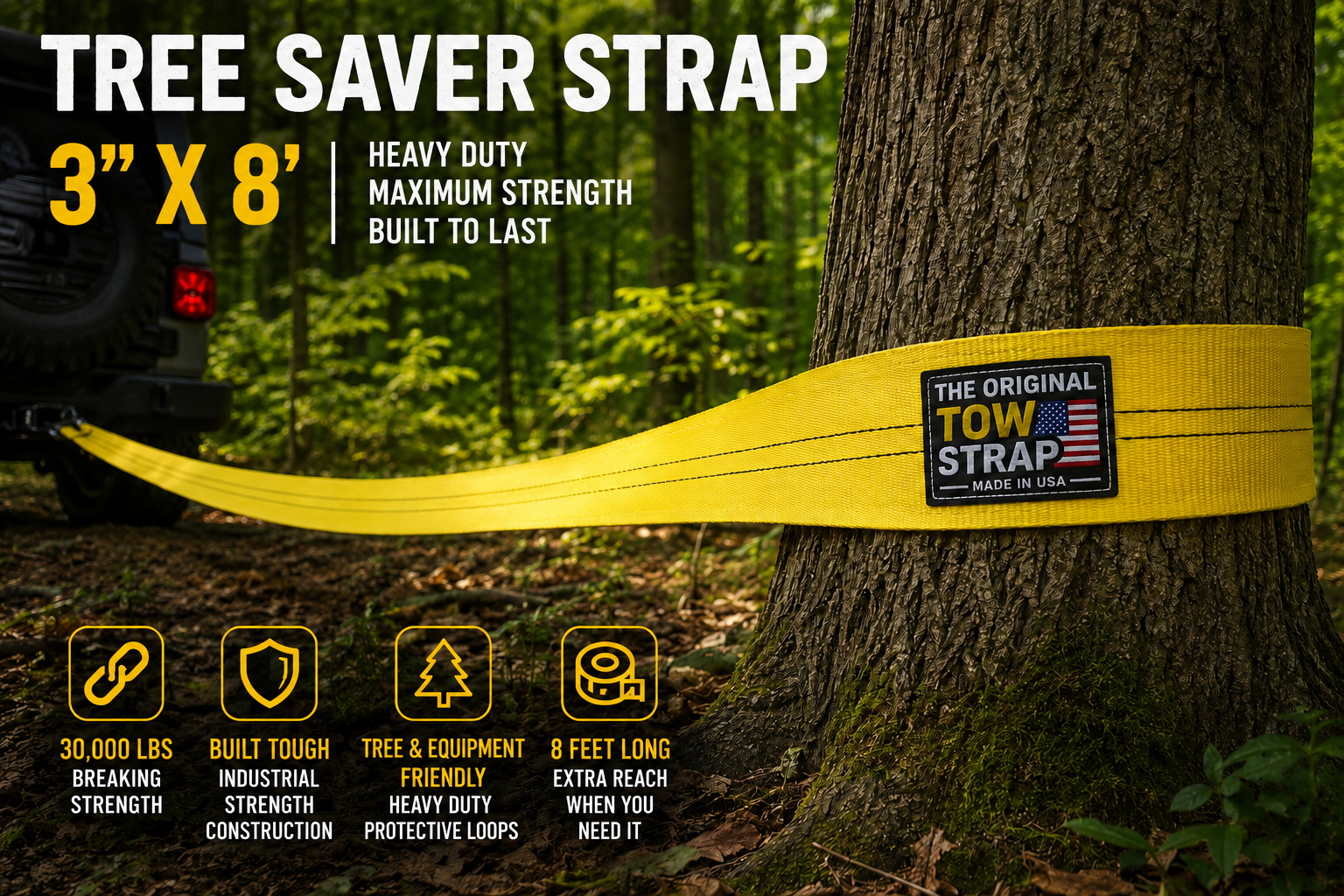 3" × 8' Tree Saver Strap & Winch Extension – 30,000 lb Break Strength | Made in USA