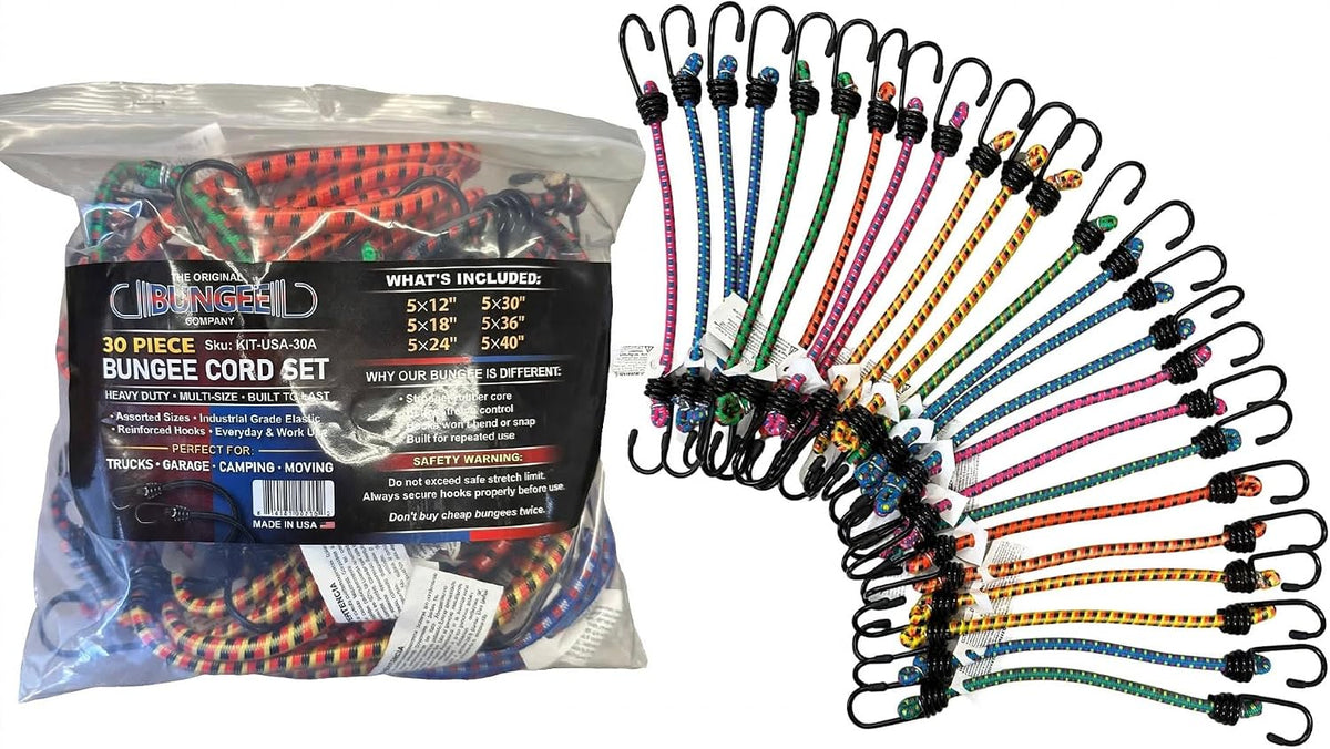 Made in USA 30-Piece Bungee Cord Set, 8 mm, 12–40 in