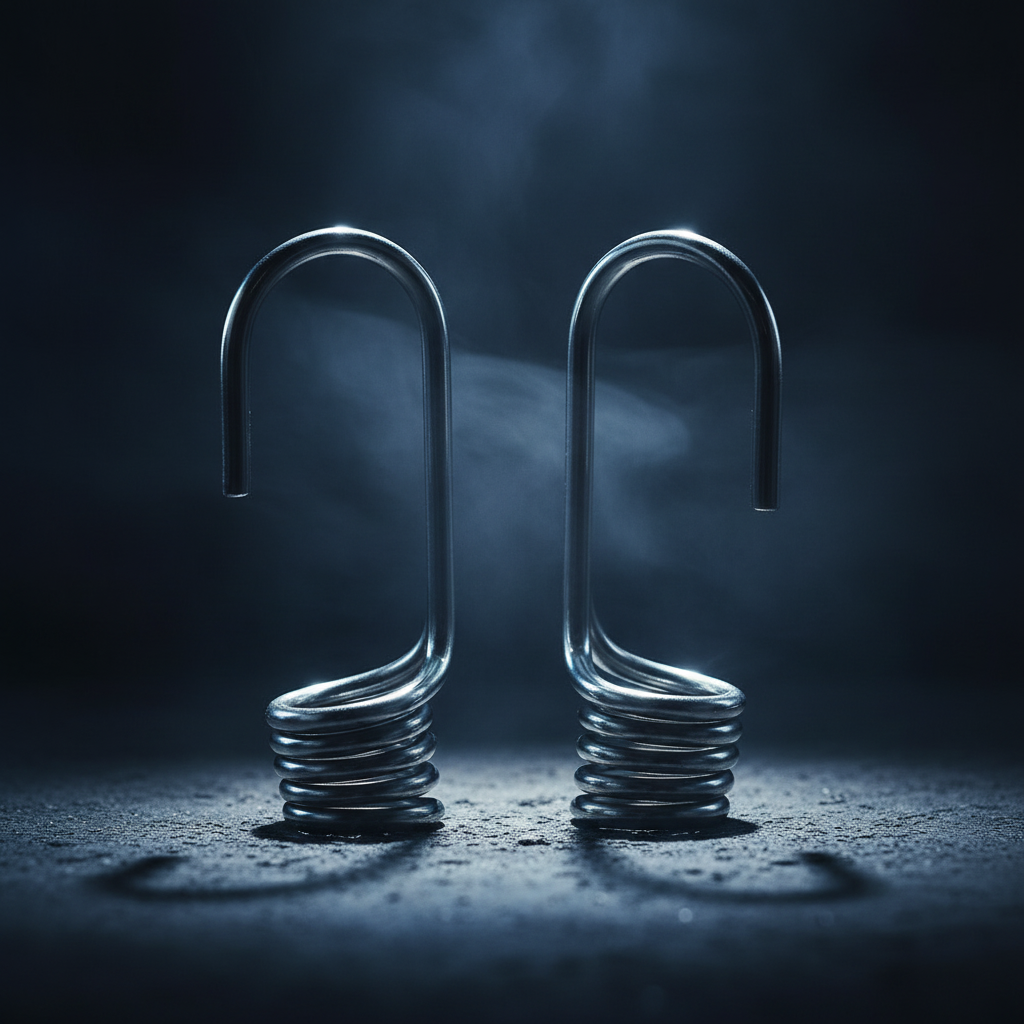 Grey stainless steel bungee cord hook close-up with coiled cord grip
