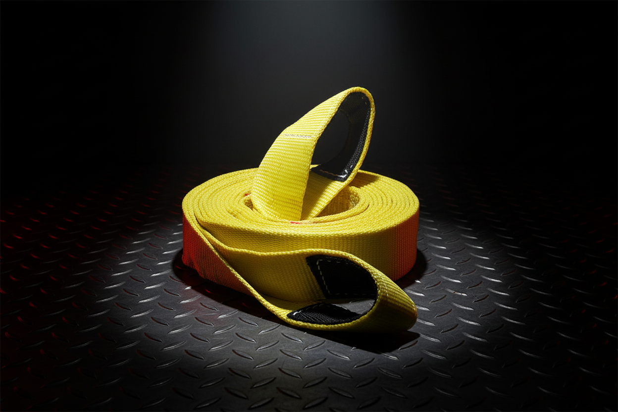 Yellow recovery tow strap with black loops resting on textured metal plate