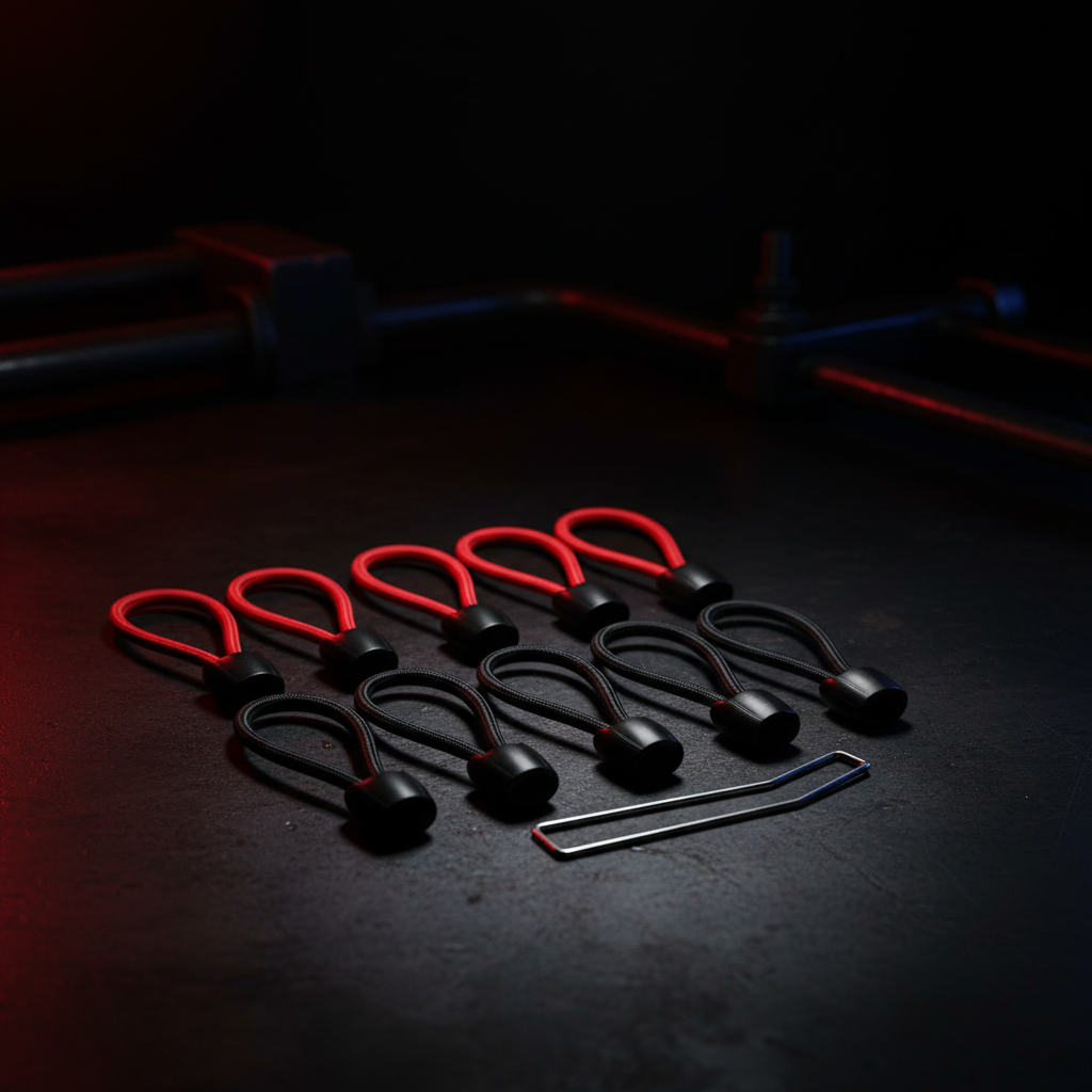 Black trampoline bungee cords set with capped ends and metal tool