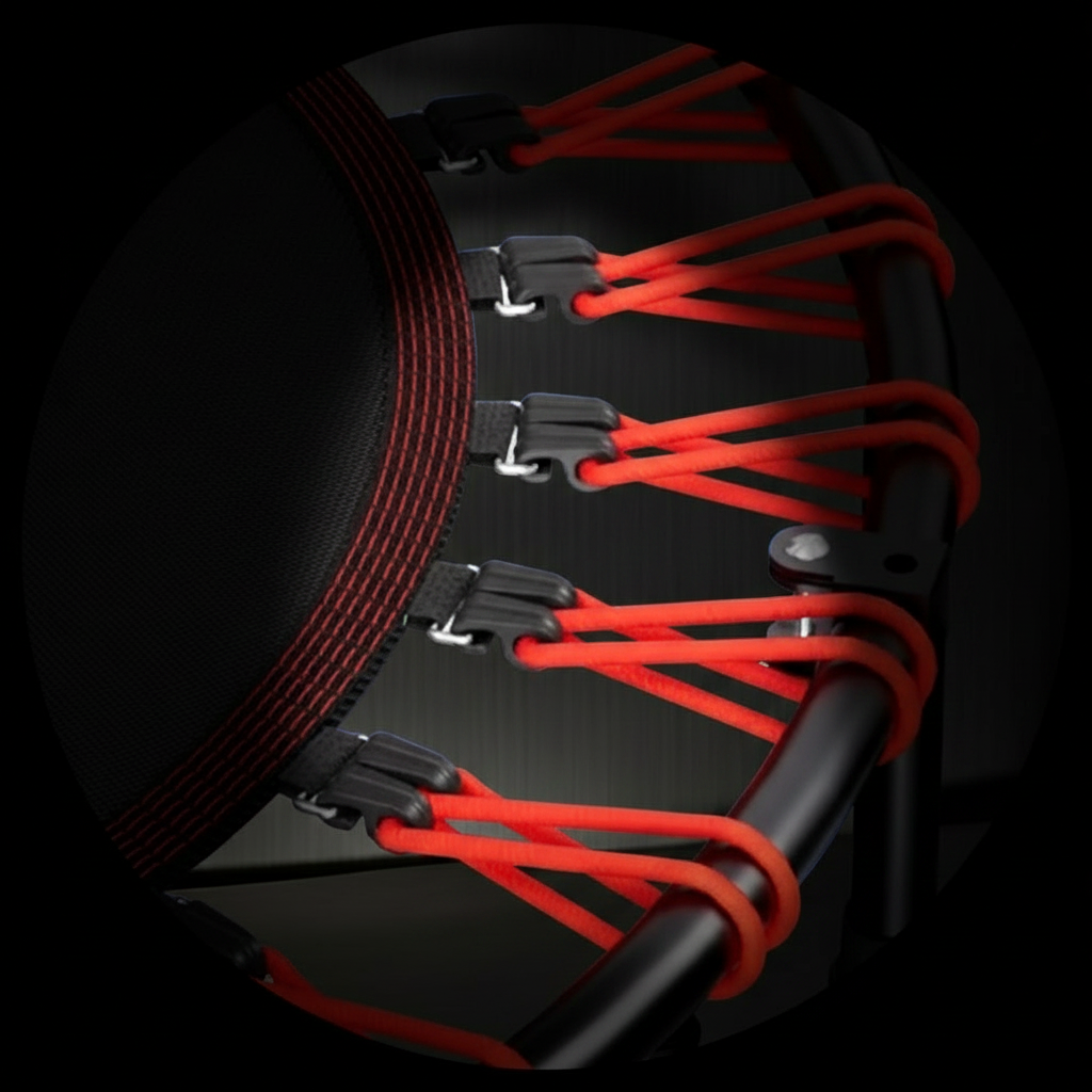 Red trampoline bungee cords with black hooks along trampoline edge